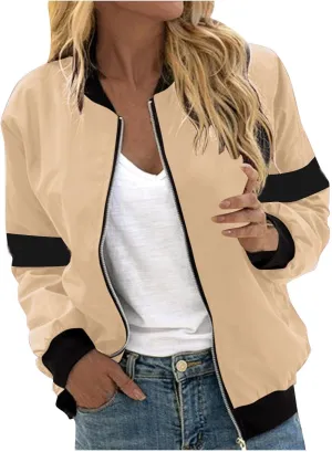 Sinzelimin Womens Baseball Jackets Fashion Contrast Casual Pocket Zipper Jacket Tops Fall Jogger Sport Coat Outwear & Jackets
