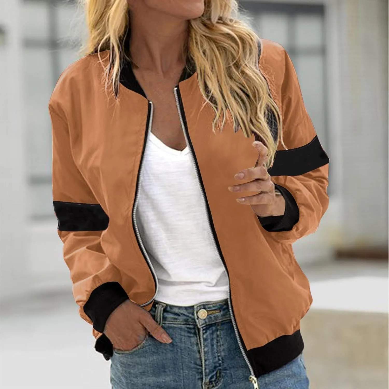 Sinzelimin Womens Baseball Jackets Fashion Contrast Casual Pocket Zipper Jacket Tops Fall Jogger Sport Coat Outwear & Jackets