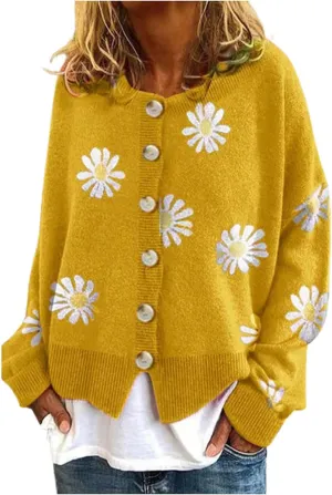 Stessotudo Womens Winter Sweaters Daisy Print Long Sleeve Cardigans Button Down Loose Fit Knitted Casual Cute Trendy Coats