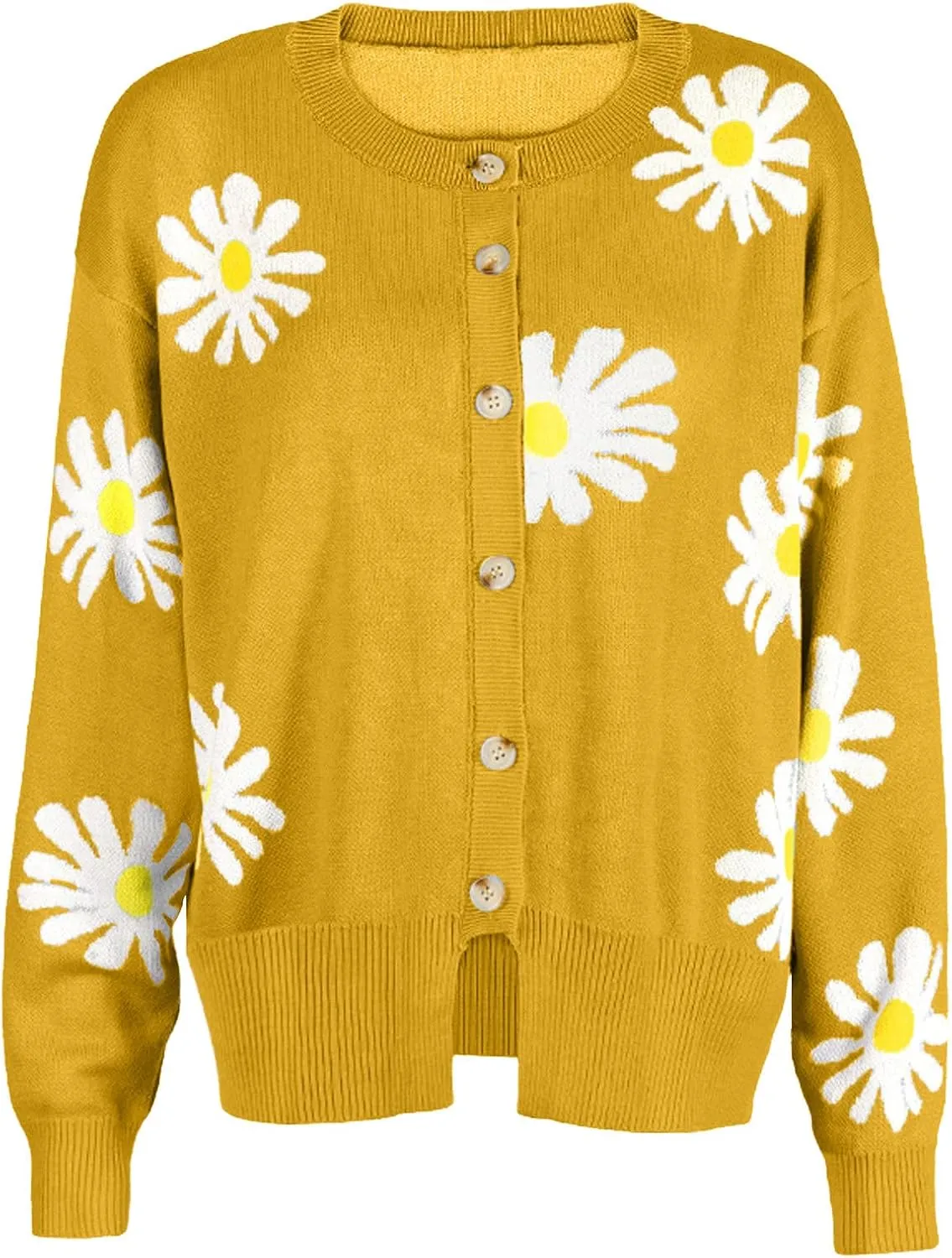Stessotudo Womens Winter Sweaters Daisy Print Long Sleeve Cardigans Button Down Loose Fit Knitted Casual Cute Trendy Coats