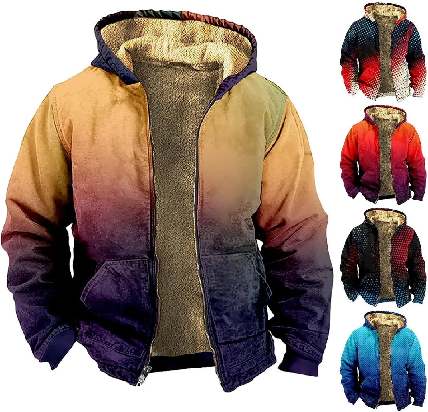 Stylish Fleece Winter Jacket for Men Sherpa Lined Zip Up Hoodies Gradient Color Warm Hooded Coat Outwear with Pockets