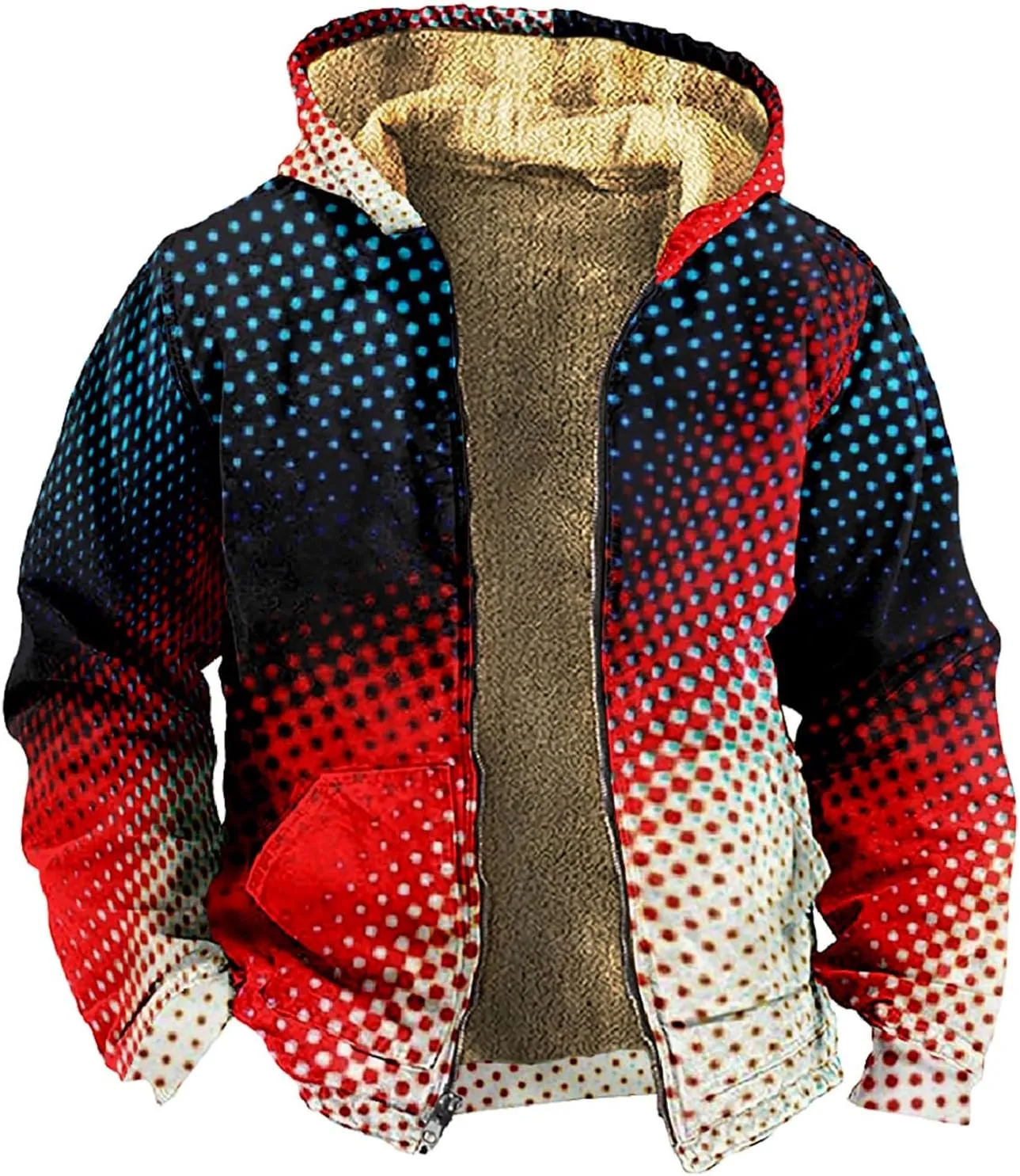 Stylish Fleece Winter Jacket for Men Sherpa Lined Zip Up Hoodies Gradient Color Warm Hooded Coat Outwear with Pockets