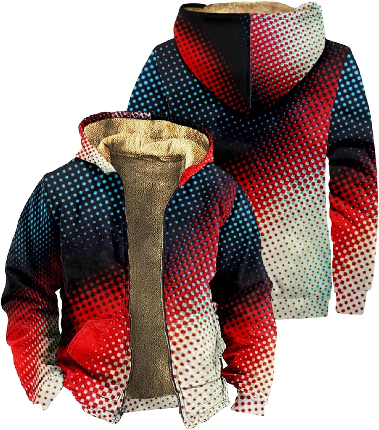 Stylish Fleece Winter Jacket for Men Sherpa Lined Zip Up Hoodies Gradient Color Warm Hooded Coat Outwear with Pockets