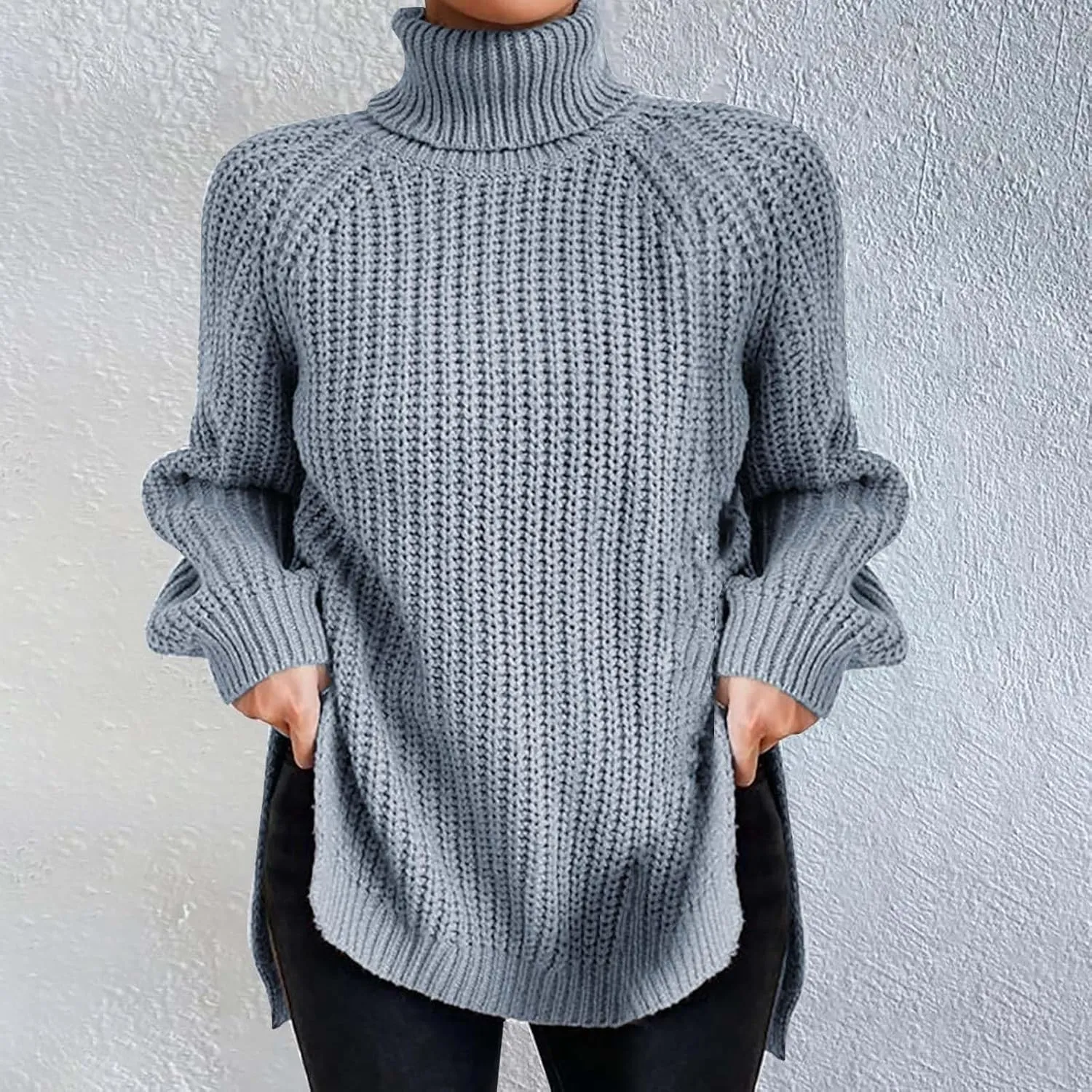 Sweater Dress for Women Turtleneck Oversized Lantern Sleeve Casual Loose Elasticity Chunky Cable Knit Pullover