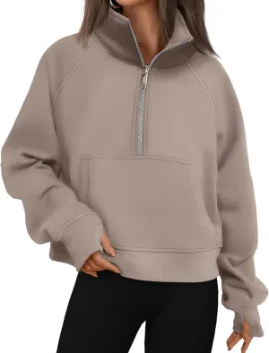 Sweatshirts for Women Half Zip Cropped Pullover Long Sleeve Stand Neck Tops Casual Fleece Sweatshirt Thumb Hole