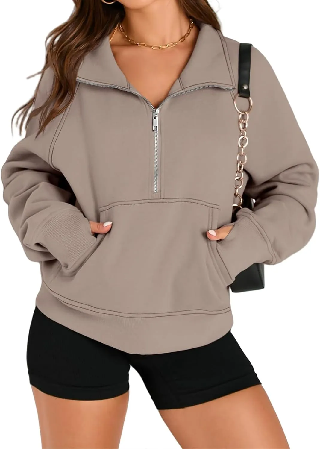 Sweatshirts for Women Half Zip Cropped Pullover Long Sleeve Stand Neck Tops Casual Fleece Sweatshirt Thumb Hole
