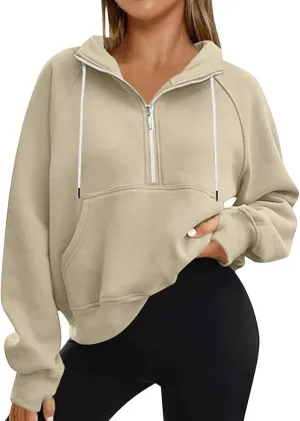 Sweatshirts for Women Half Zip Fleece Cropped Hooded Pullover Casual Loose Fashion Sweatshirts with Thumb Holes