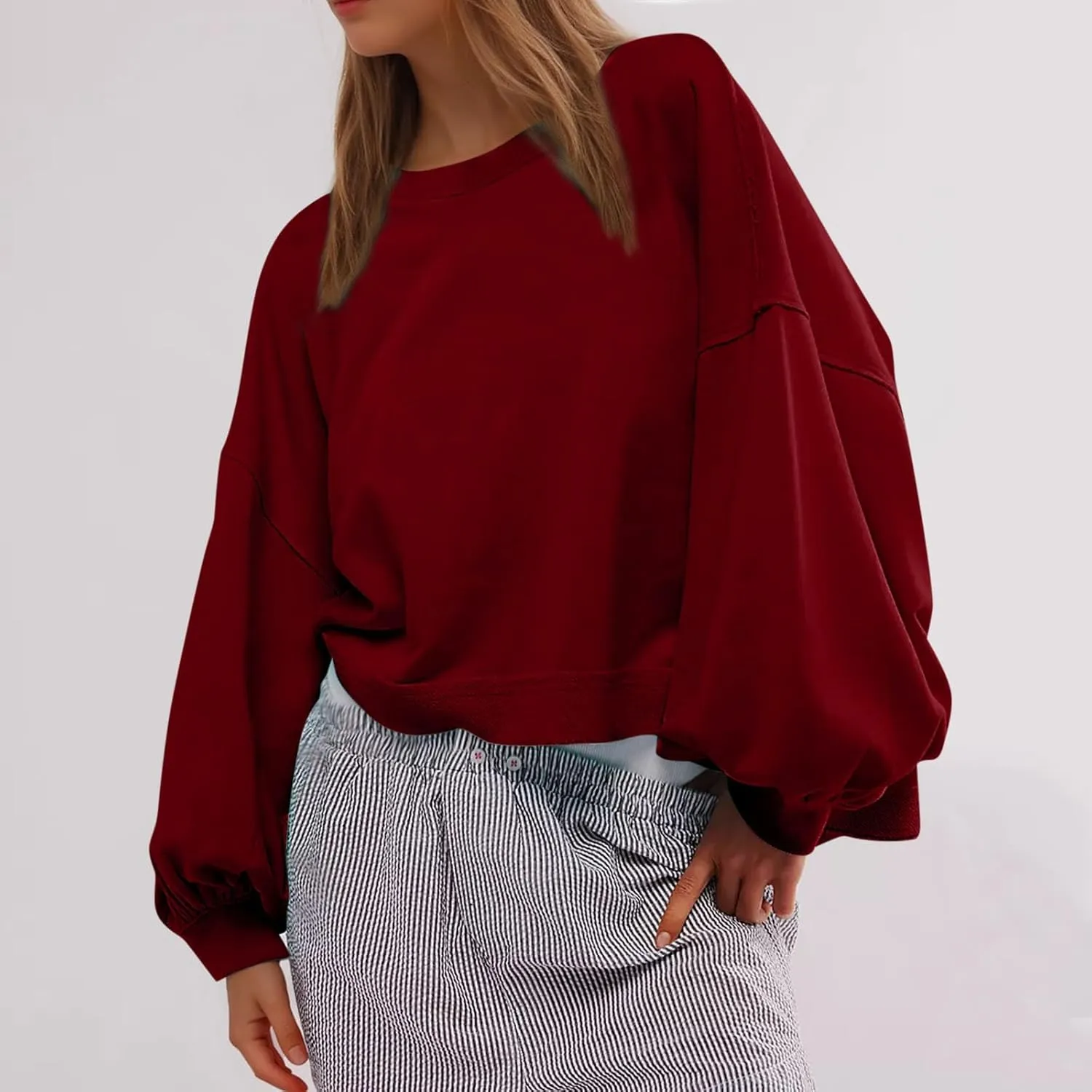 Sweatshirts for Women Puff Sleeve Pullover Tops Crewnneck Cropped Sweater Casual Fleece Jumpers Tops Fall Trendy