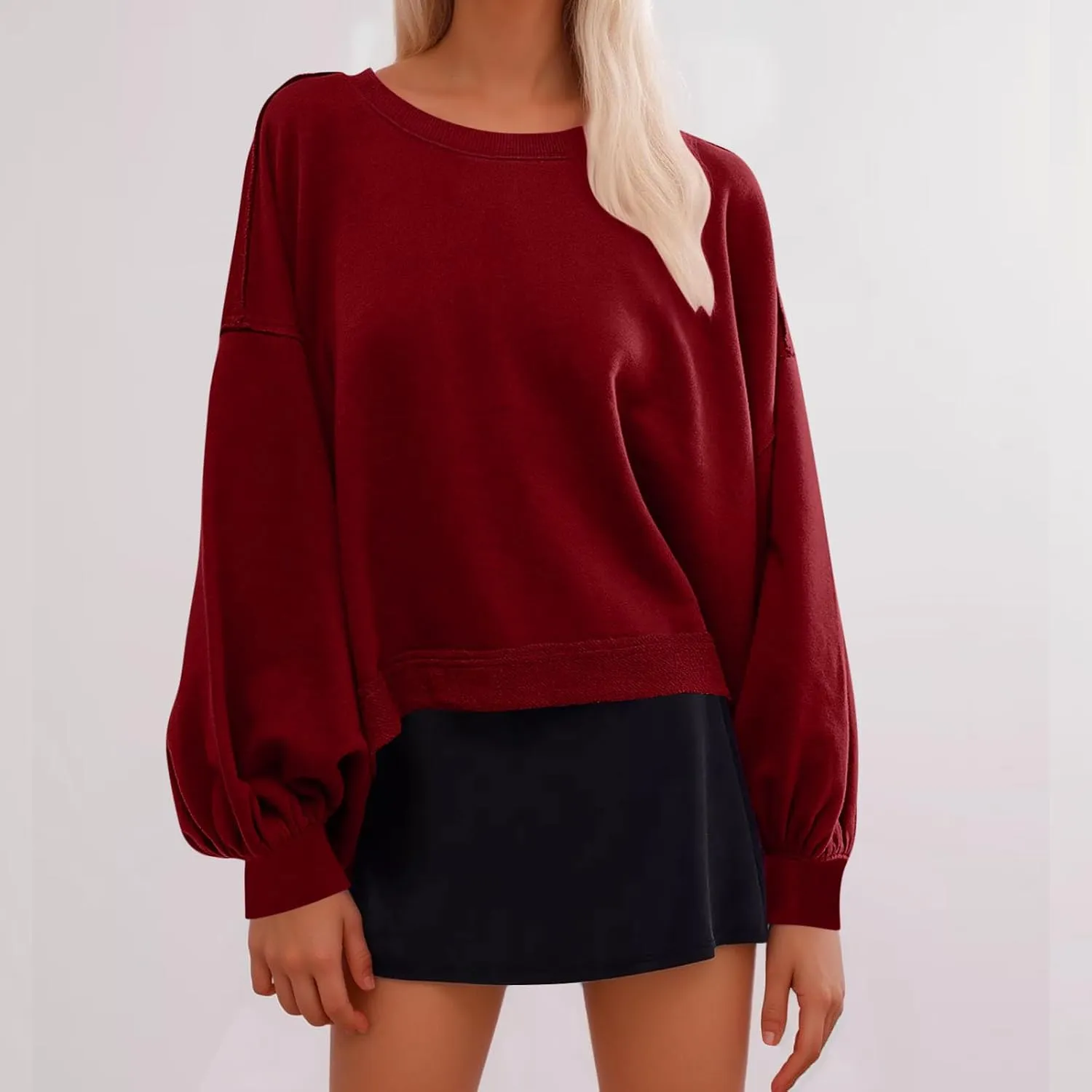 Sweatshirts for Women Puff Sleeve Pullover Tops Crewnneck Cropped Sweater Casual Fleece Jumpers Tops Fall Trendy