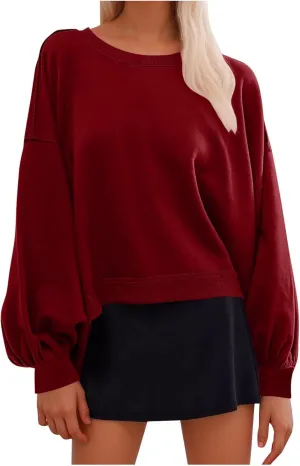 Sweatshirts for Women Puff Sleeve Pullover Tops Crewnneck Cropped Sweater Casual Fleece Jumpers Tops Fall Trendy