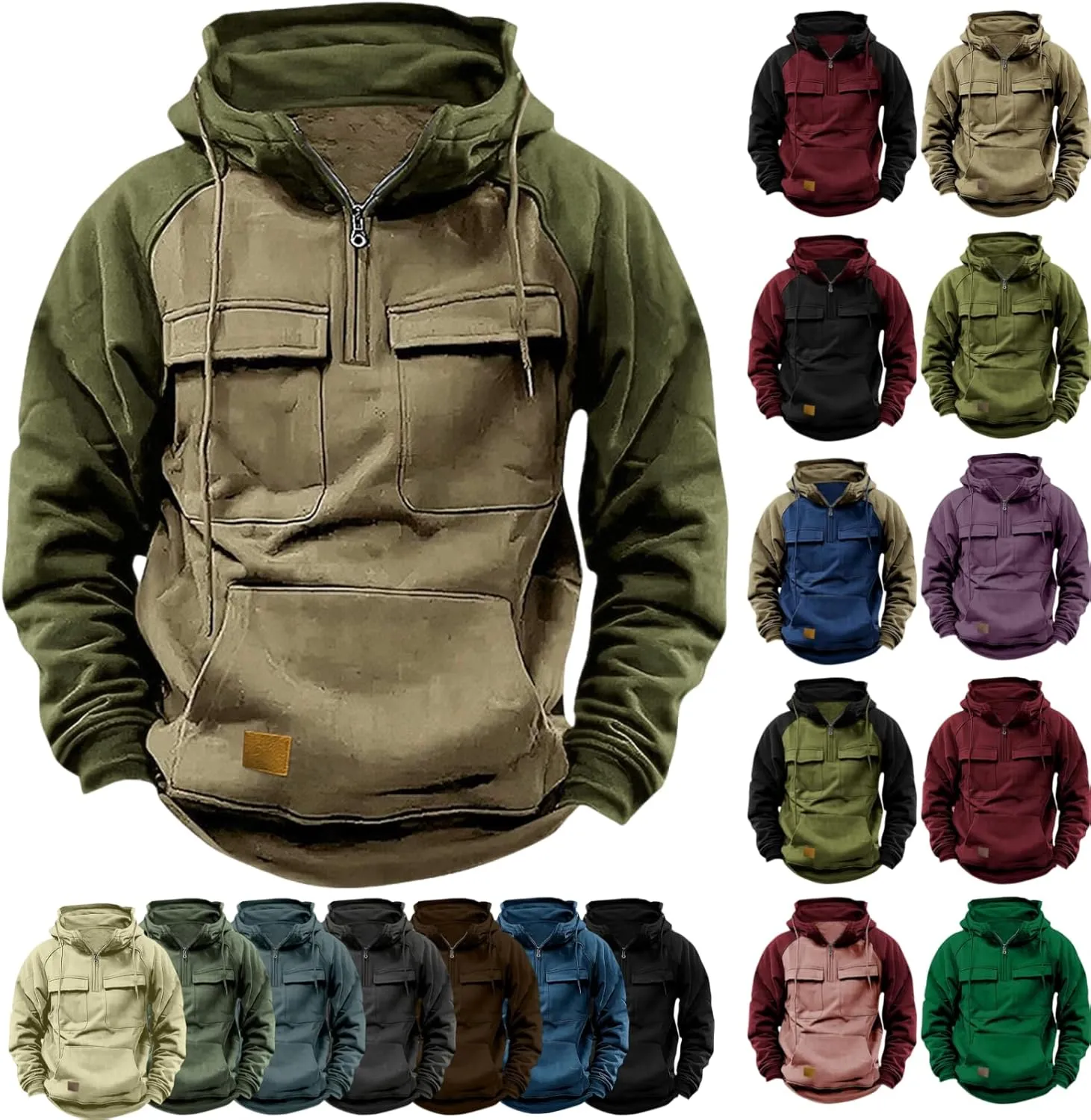 Tactical Hoodies For Men Military Workout Casual Cargo Pullover Quarter Zip Hooded Outfit Tops Heavy Weight Sweatshirt