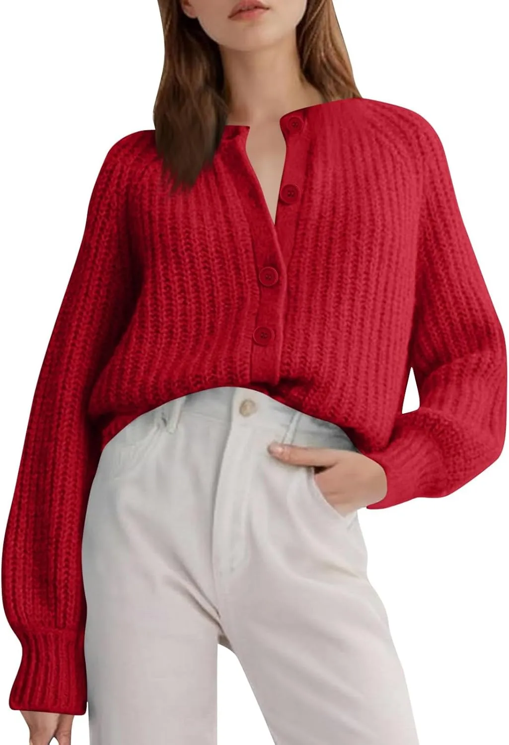 Trendy Cardigan Sweaters for Women Long Sleeve Button Chunky Knit Sweater Crew Neck Loose Fit Open Front Cardigan