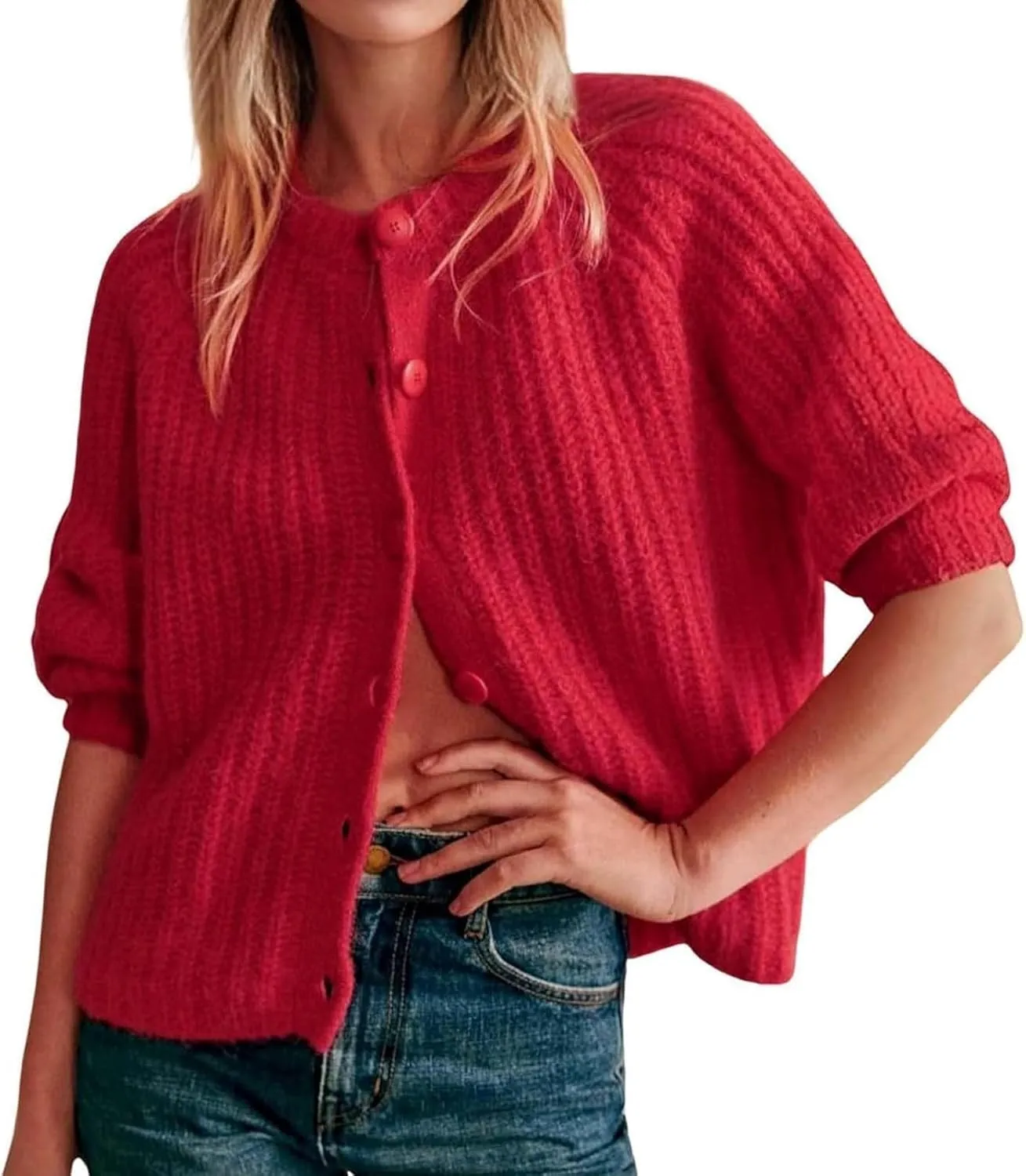 Trendy Cardigan Sweaters for Women Long Sleeve Button Chunky Knit Sweater Crew Neck Loose Fit Open Front Cardigan