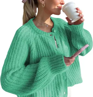 Trendy Cardigan Sweaters for Women Long Sleeve Button Chunky Knit Sweater Crew Neck Loose Fit Open Front Cardigan