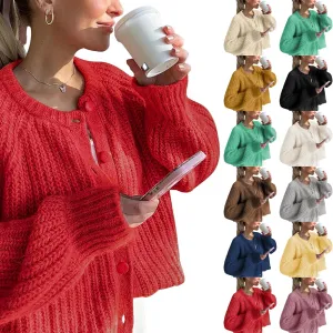 Trendy Cardigan Sweaters for Women Long Sleeve Button Chunky Knit Sweater Crew Neck Loose Fit Open Front Cardigan