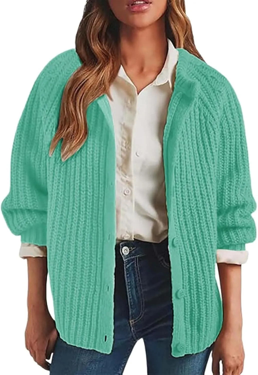 Trendy Cardigan Sweaters for Women Long Sleeve Button Chunky Knit Sweater Crew Neck Loose Fit Open Front Cardigan
