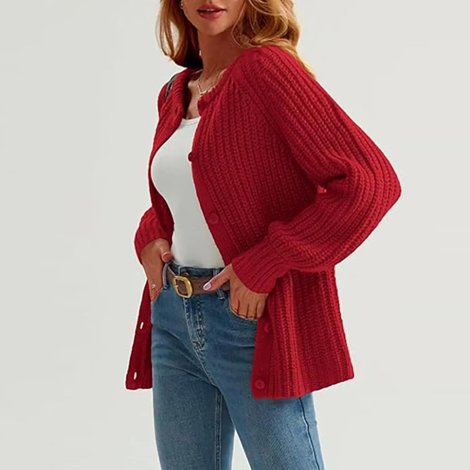 Trendy Cardigan Sweaters for Women Long Sleeve Button Chunky Knit Sweater Crew Neck Loose Fit Open Front Cardigan