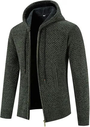tuduoms Men's Zip Up Hooded Fleece Cardigan Fashion Cable Knit Sweater Winter Warm Soft Flannel Lined Jacket Coat Hoodies