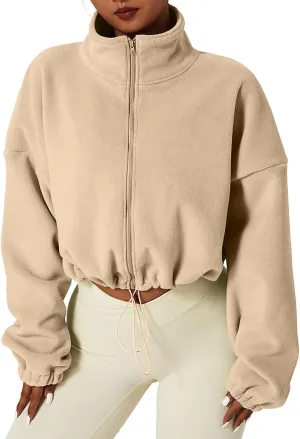 TUQIDEWU Womens Sweatshirt, Women's Full Zip Fleece Short Jacket Warm Winter Long Sleeve Stand Collar Sherpa Cropped Coats