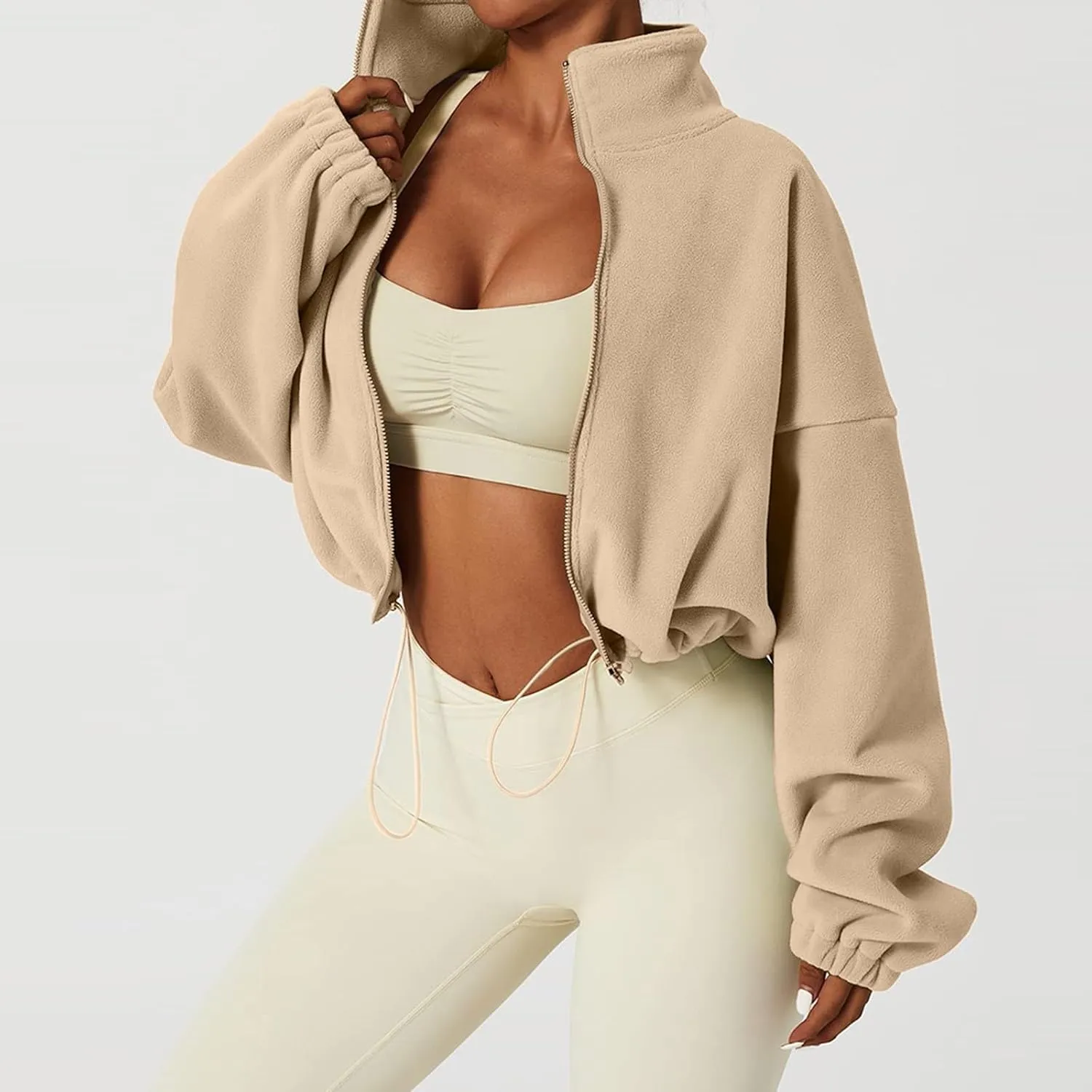 TUQIDEWU Womens Sweatshirt, Women's Full Zip Fleece Short Jacket Warm Winter Long Sleeve Stand Collar Sherpa Cropped Coats