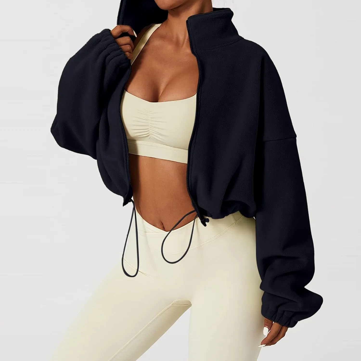 TUQIDEWU Womens Sweatshirt, Women's Full Zip Fleece Short Jacket Warm Winter Long Sleeve Stand Collar Sherpa Cropped Coats