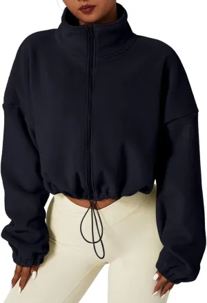 TUQIDEWU Womens Sweatshirt, Women's Full Zip Fleece Short Jacket Warm Winter Long Sleeve Stand Collar Sherpa Cropped Coats