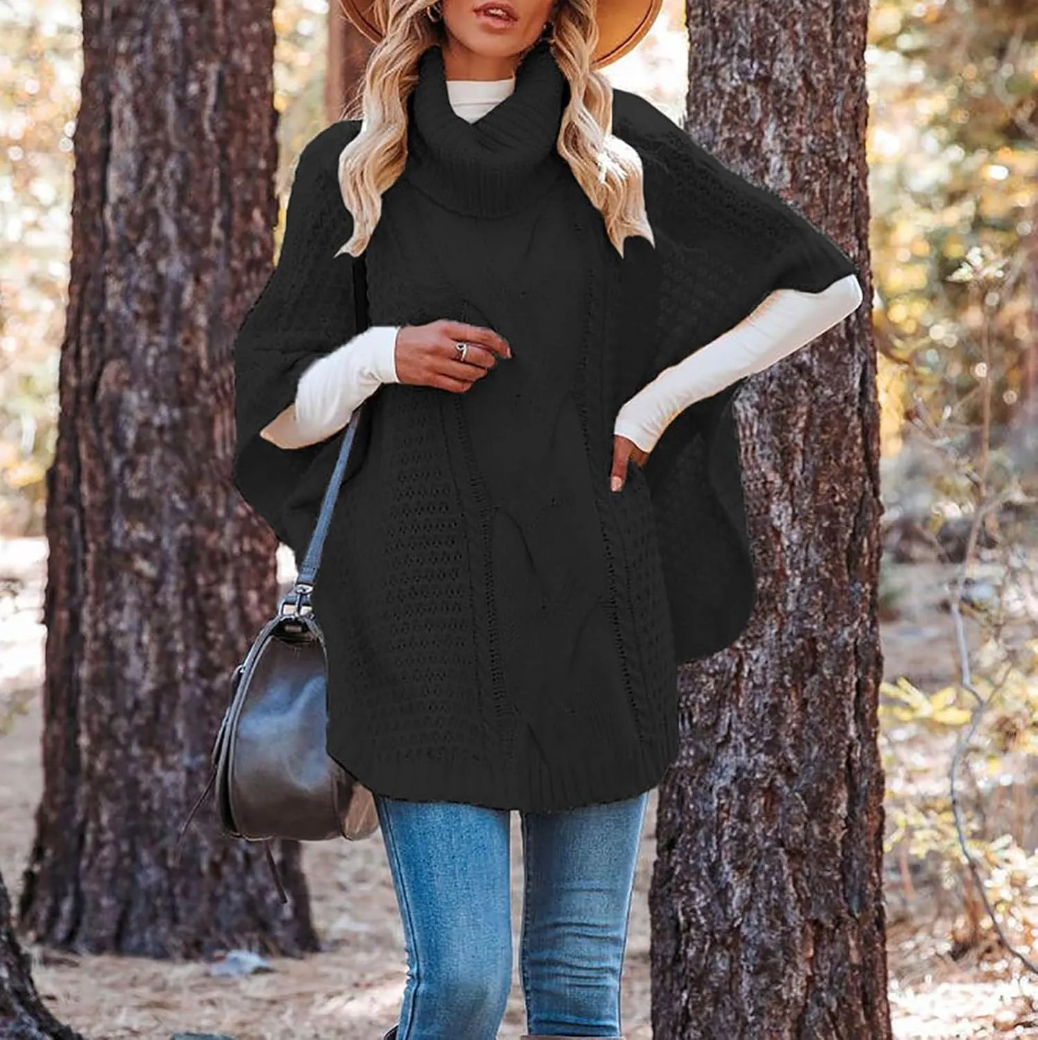 Turtleneck Sweater for Women Batwing Sleeve Knitted Poncho Pullovers Cable Knit Shawl Textured Wraps Oversized Cloak