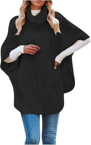 Turtleneck Sweater for Women Batwing Sleeve Knitted Poncho Pullovers Cable Knit Shawl Textured Wraps Oversized Cloak