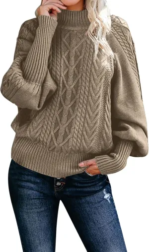 Turtleneck Sweater for Women Oversized Pullover Sweaters Cable Knit Batwing Long Sleeve Loose Fit Chunky Jumper Tops