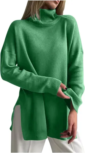 Turtleneck Sweater for Women Plus Size Fall 2024 Side Split Loose Pullover Tops Winter Solid Color Oversized Sweaters