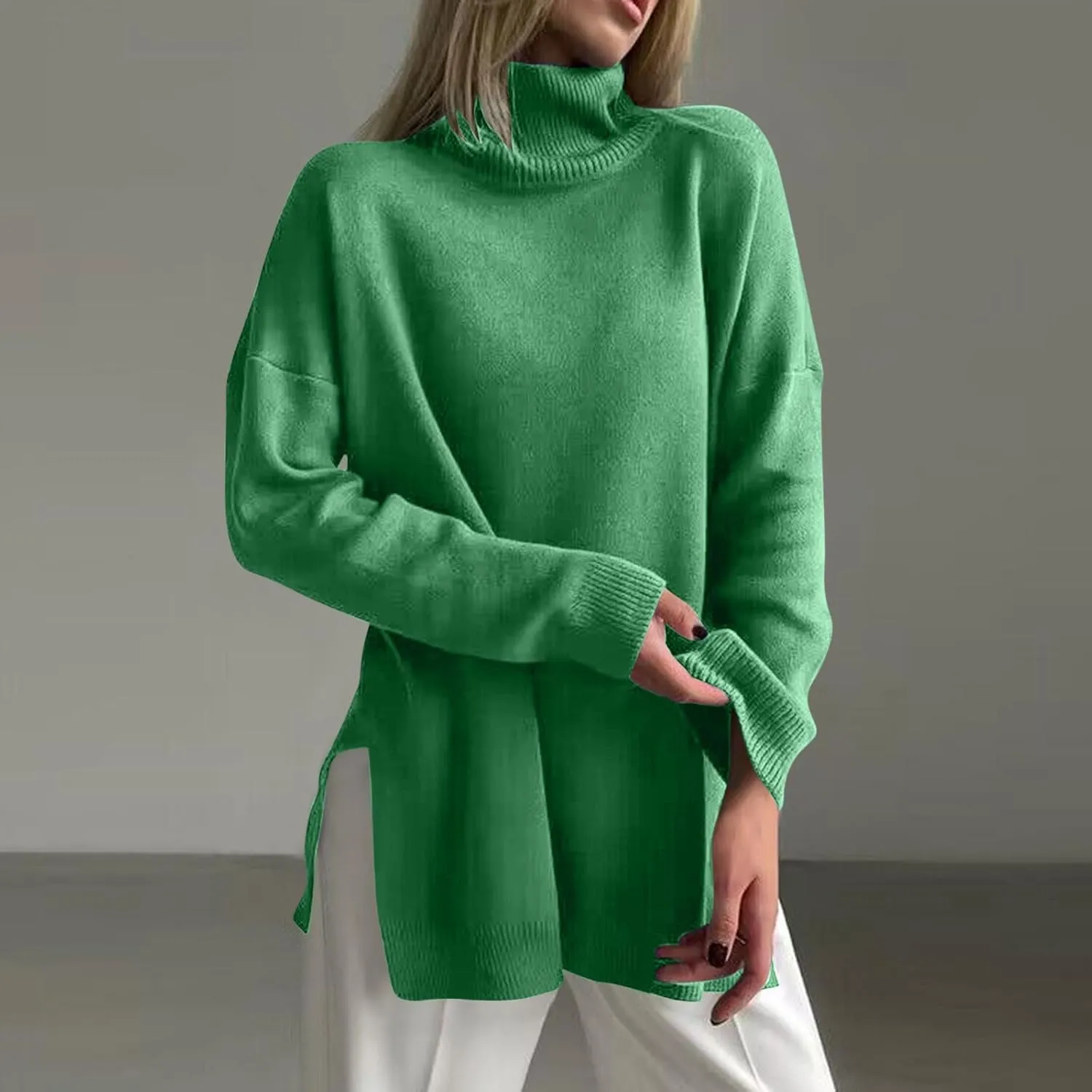 Turtleneck Sweater for Women Plus Size Fall 2024 Side Split Loose Pullover Tops Winter Solid Color Oversized Sweaters