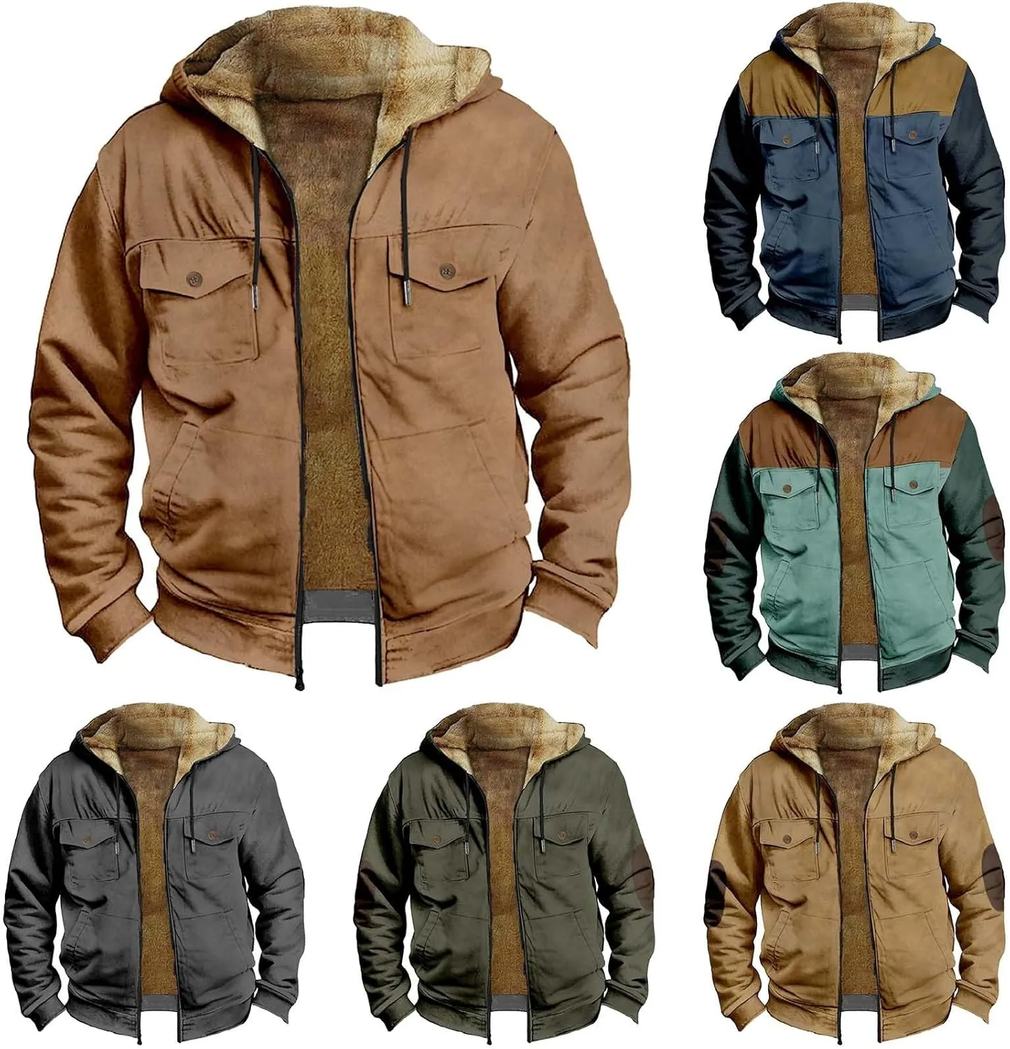 Vintage Patchwork Hoodies Jacket for Men Zip Up Winter Fleece Sherpa Lined Sweatshirt Long Sleeve Warm Coat Outerwear