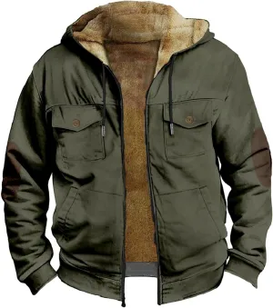 Vintage Patchwork Hoodies Jacket for Men Zip Up Winter Fleece Sherpa Lined Sweatshirt Long Sleeve Warm Coat Outerwear