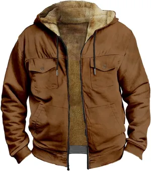 Winter Fleece Lined Jacket for Men Casual Zip Up Thicken Cargo Hoodies Sweatshirt Sherpa Lined Warm Coat with Pockets