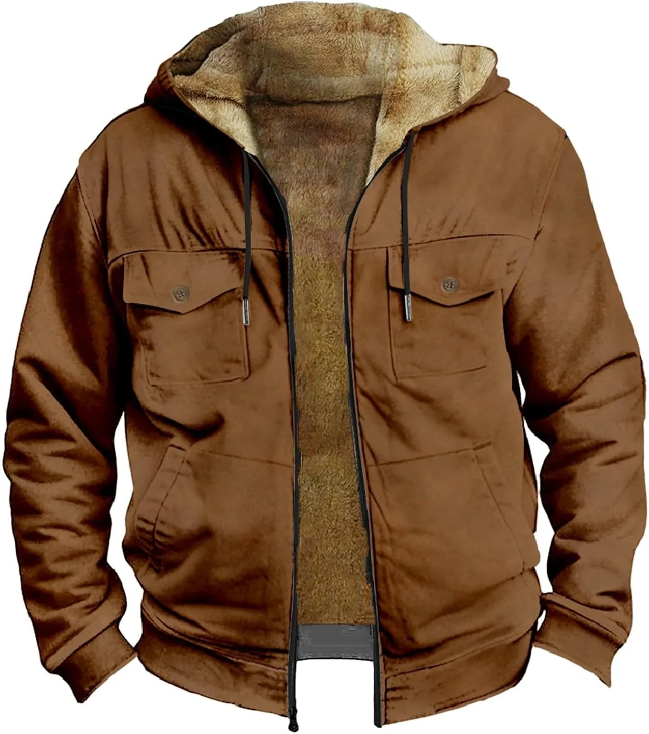 Winter Fleece Lined Jacket for Men Casual Zip Up Thicken Cargo Hoodies Sweatshirt Sherpa Lined Warm Coat with Pockets