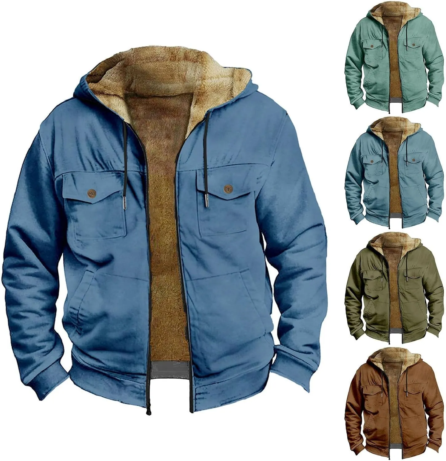 Winter Fleece Lined Jacket for Men Casual Zip Up Thicken Cargo Hoodies Sweatshirt Sherpa Lined Warm Coat with Pockets
