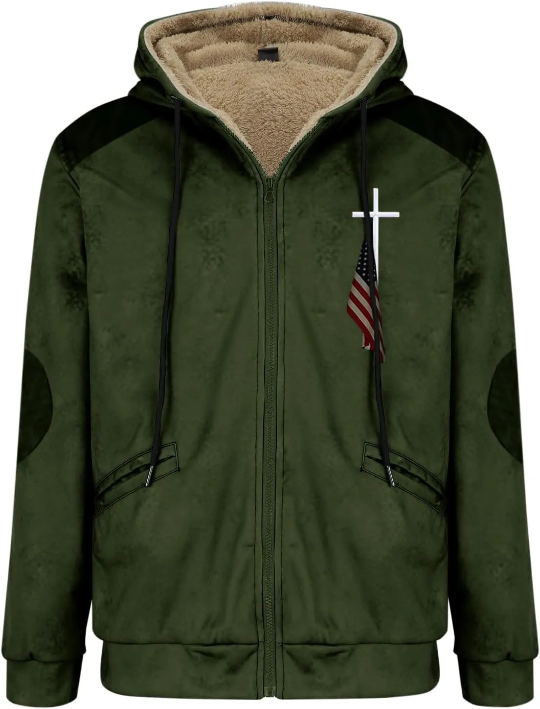 Winter Jacket Men 3D Printed Flag Hooded Brown Zipper Personalized Patch Casual Cotton Jacket Padded Thicken Parka