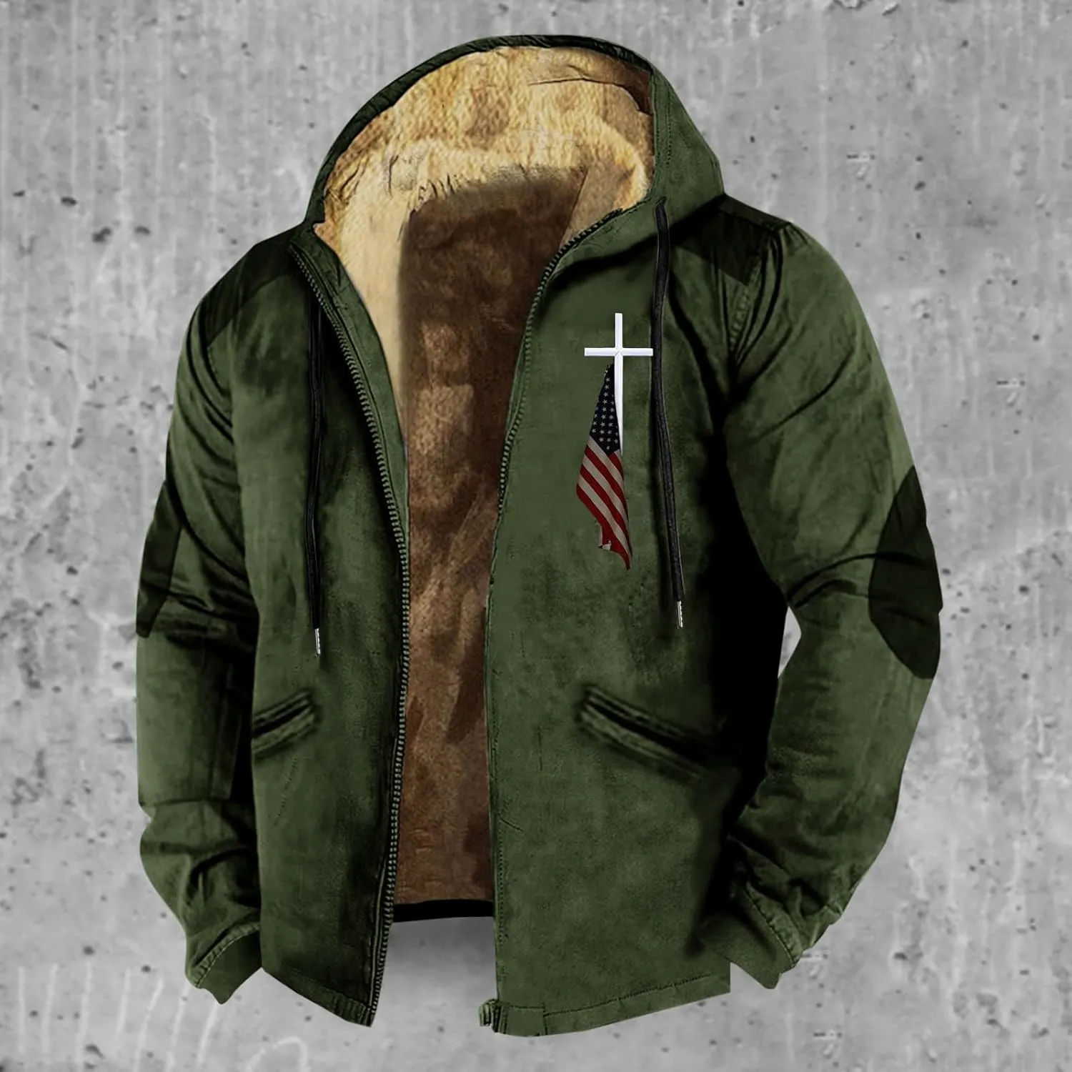 Winter Jacket Men 3D Printed Flag Hooded Brown Zipper Personalized Patch Casual Cotton Jacket Padded Thicken Parka