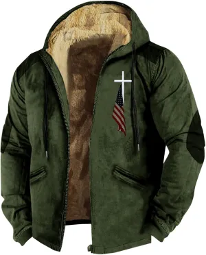 Winter Jacket Men 3D Printed Flag Hooded Brown Zipper Personalized Patch Casual Cotton Jacket Padded Thicken Parka