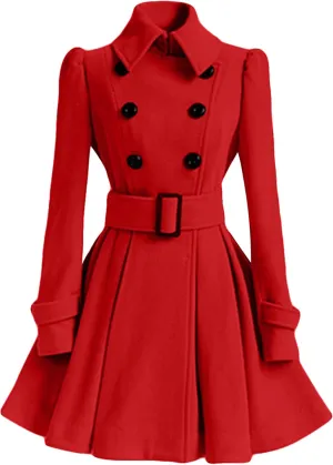 WIWIQS Women Winter Wool Blend Pea Coat Double Breasted Swing Jackets Pleated Mid-Long Outwear with Belt Buckle