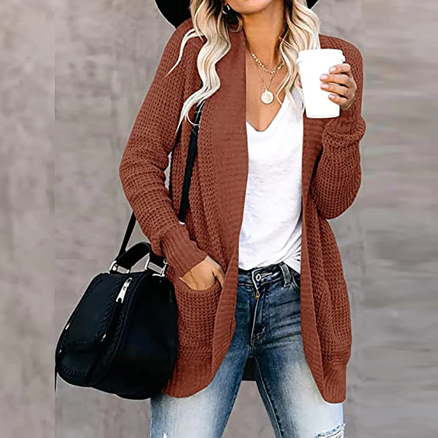 Wkishenl Womens Loose Open Front Cardigan Long Sleeve Chunky Coat Casual Lightweight Soft Knit Sweaters Outwear with Pockets