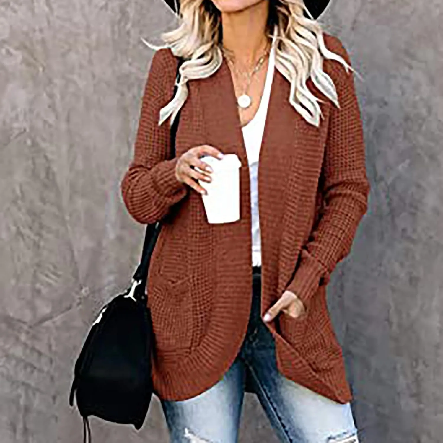 Wkishenl Womens Loose Open Front Cardigan Long Sleeve Chunky Coat Casual Lightweight Soft Knit Sweaters Outwear with Pockets