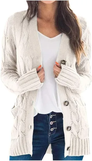 Women 2023 Fall Outfits Casual Long Sleeve Cable Knit Chunky Sweater Open Front Cardigan Fashion Button Down Outerwear