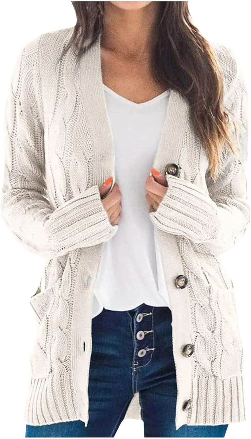 Women 2023 Fall Outfits Casual Long Sleeve Cable Knit Chunky Sweater Open Front Cardigan Fashion Button Down Outerwear