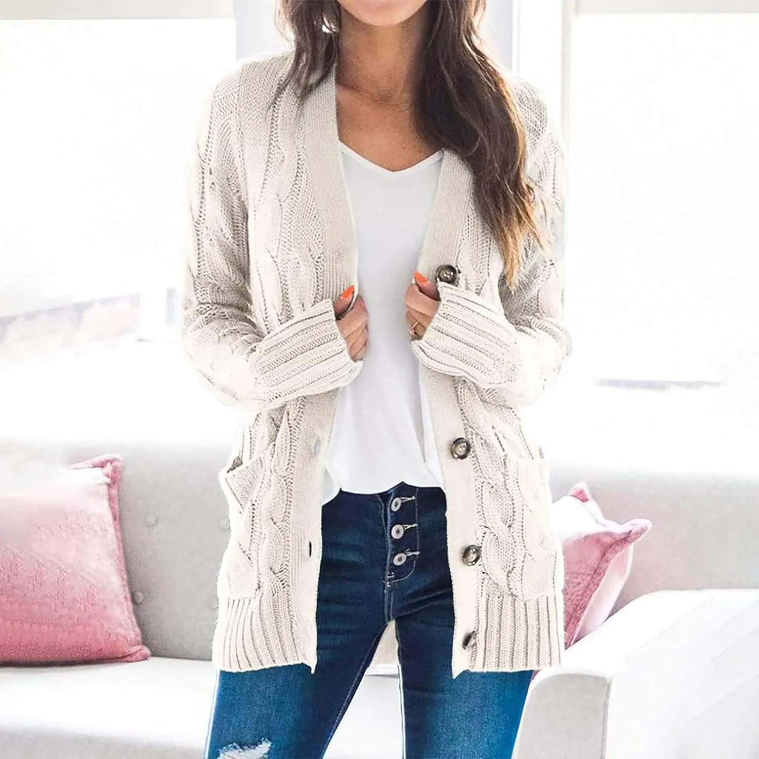 Women 2023 Fall Outfits Casual Long Sleeve Cable Knit Chunky Sweater Open Front Cardigan Fashion Button Down Outerwear