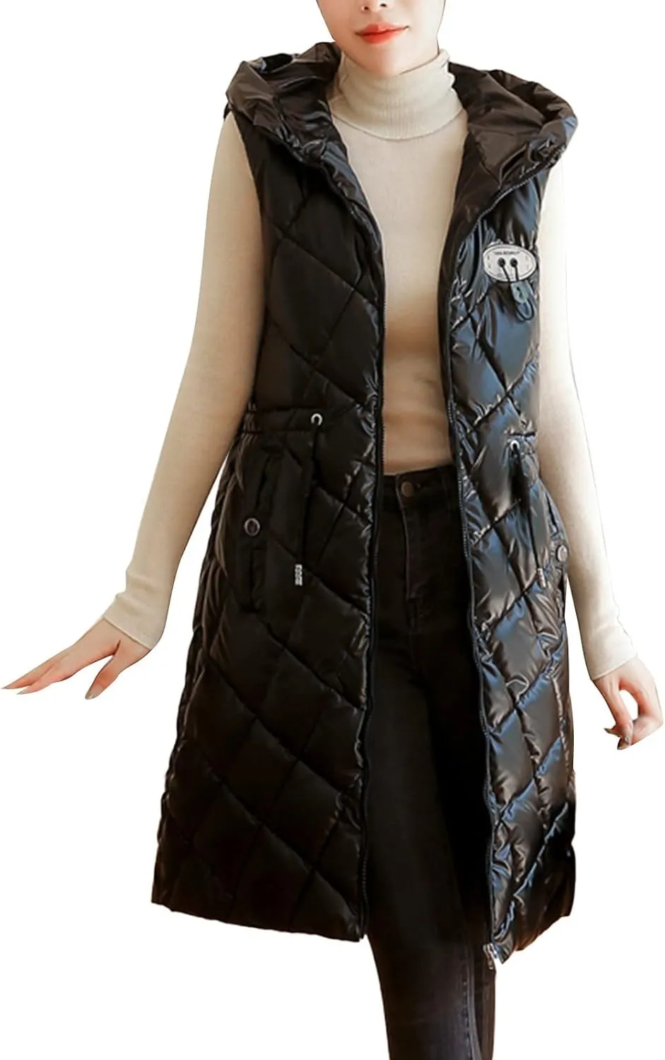 Women Casual Solid Jacket Hooded Vest Zipper Pocket Loose Sleeveless Jacket Long Coat Chambray Utility Jacket