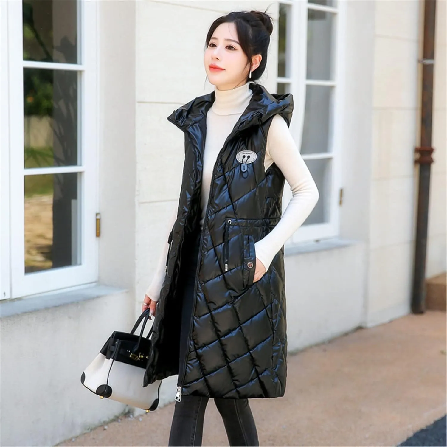Women Casual Solid Jacket Hooded Vest Zipper Pocket Loose Sleeveless Jacket Long Coat Chambray Utility Jacket