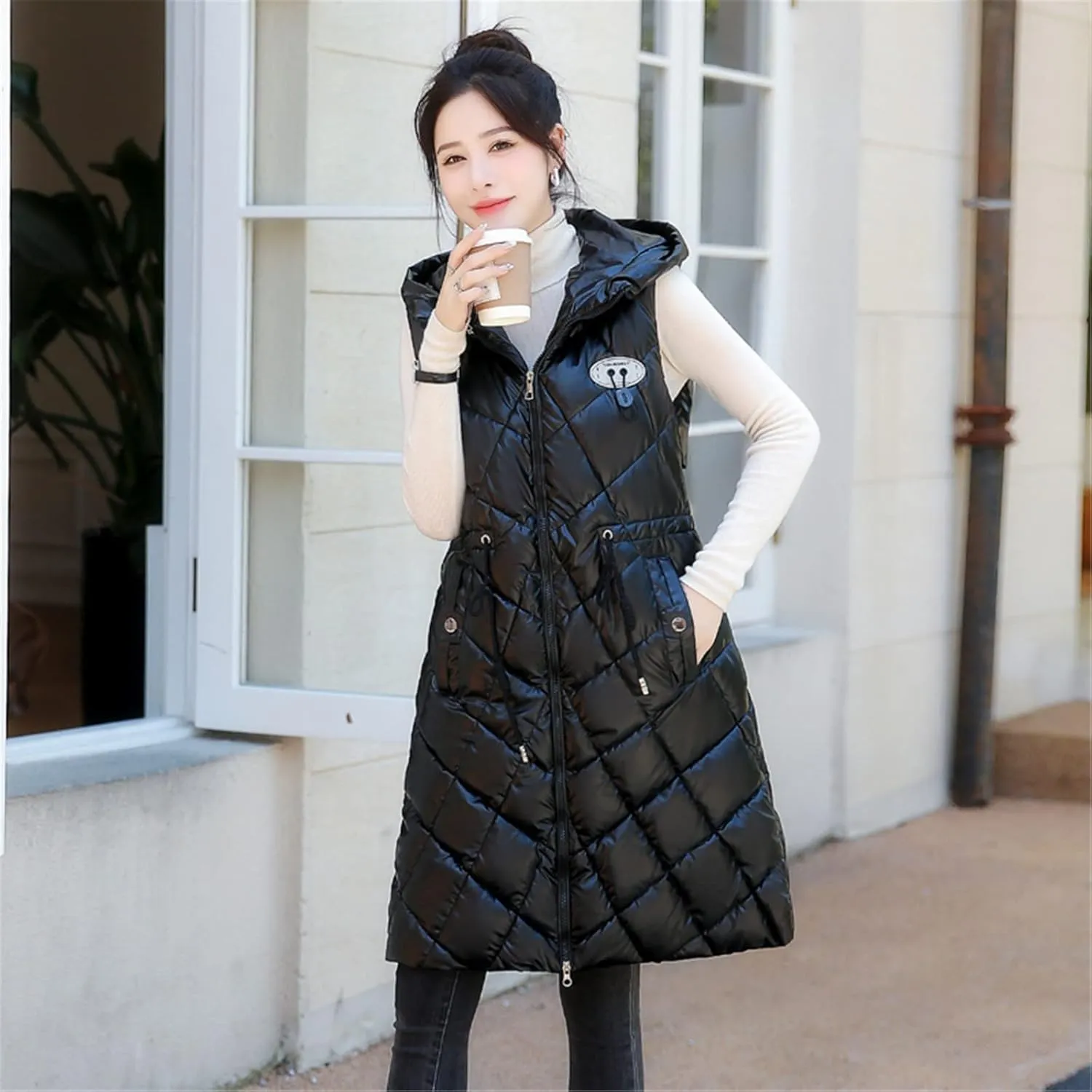 Women Casual Solid Jacket Hooded Vest Zipper Pocket Loose Sleeveless Jacket Long Coat Chambray Utility Jacket