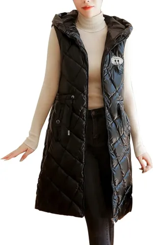 Women Casual Solid Jacket Hooded Vest Zipper Pocket Loose Sleeveless Jacket Long Coat Chambray Utility Jacket