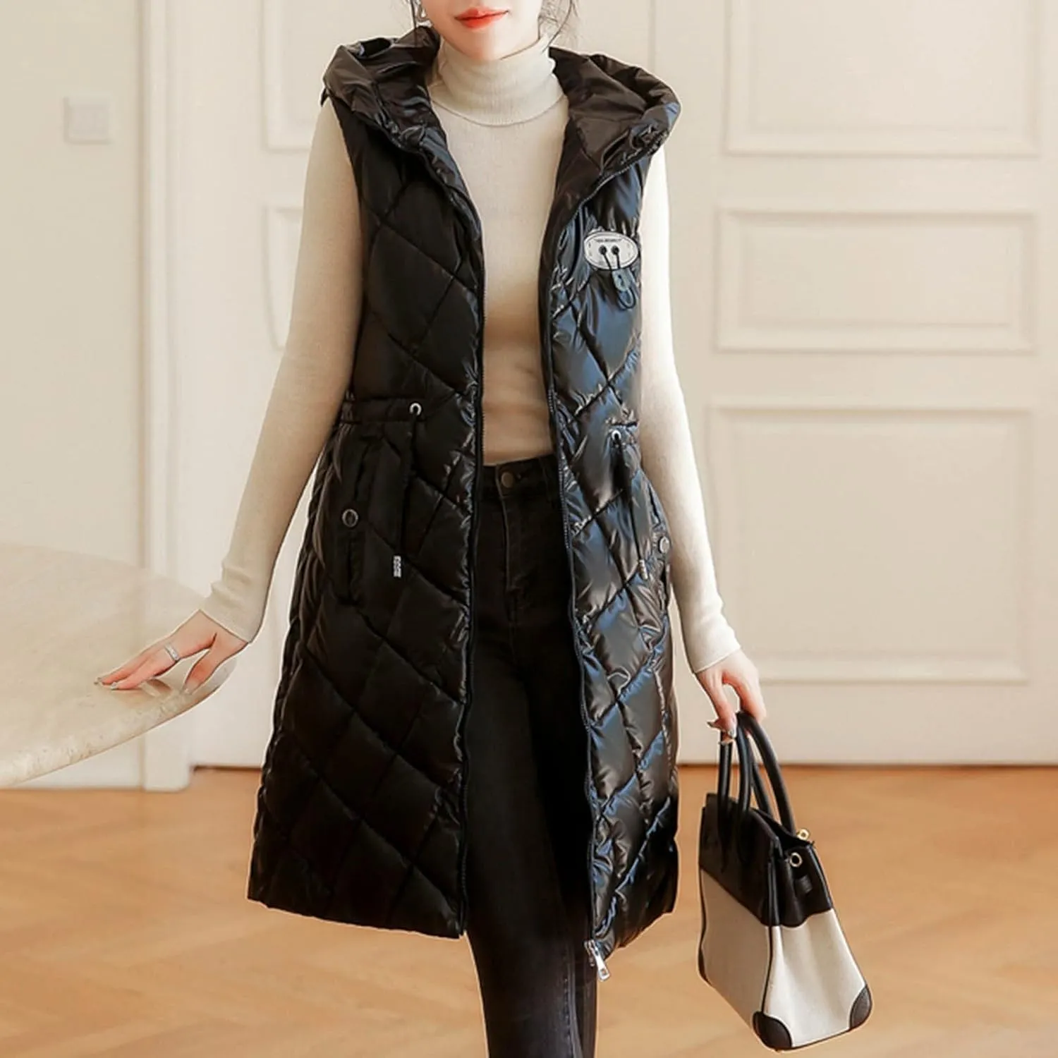 Women Casual Solid Jacket Hooded Vest Zipper Pocket Loose Sleeveless Jacket Long Coat Chambray Utility Jacket